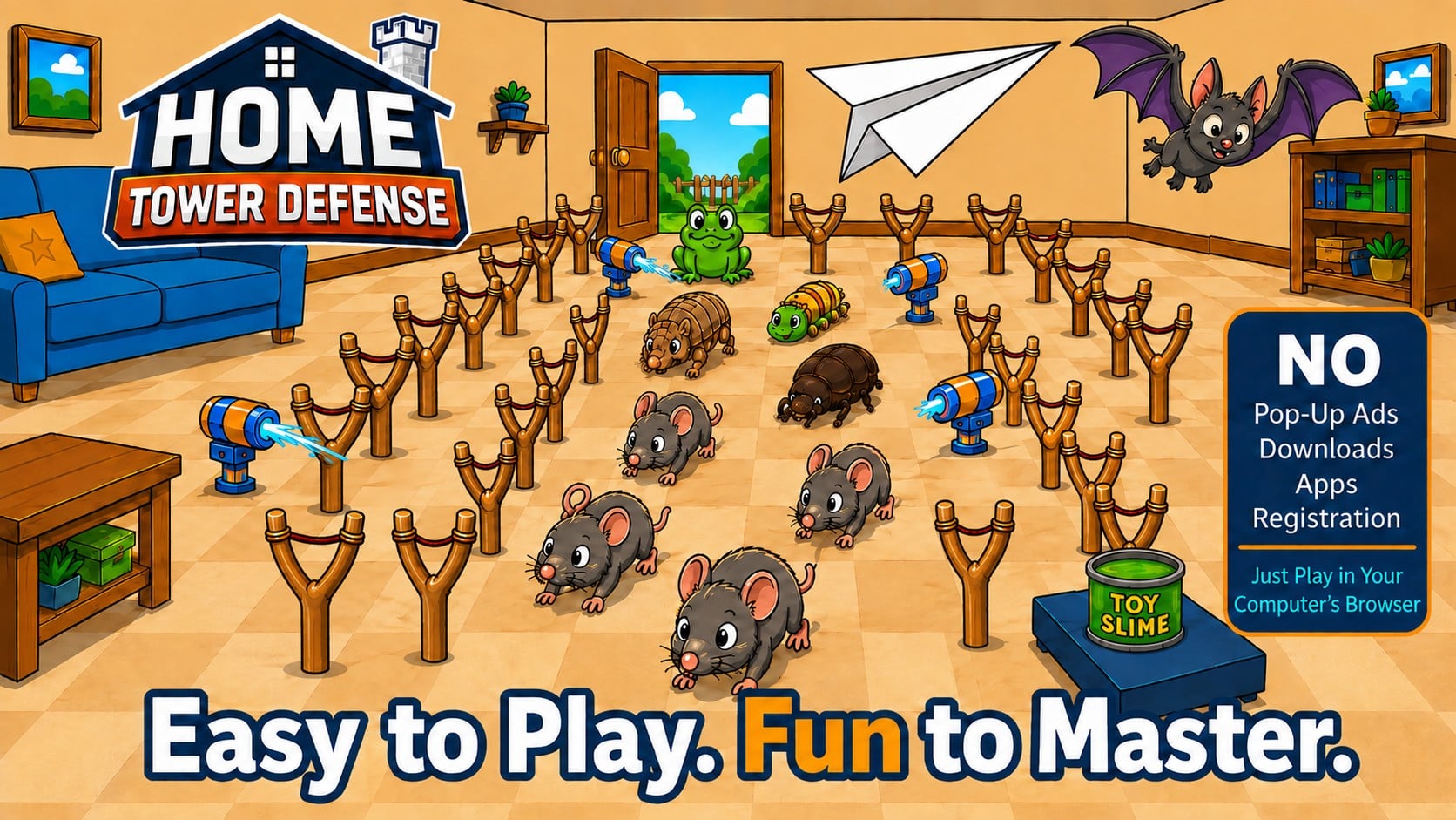 Home Tower Defense toy-room battlefield with slingshots, toy blasters, and cartoon pests