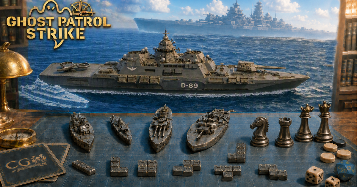 Ghost Patrol Strike naval strategy scene featuring the D-89 flagship and tabletop fleet