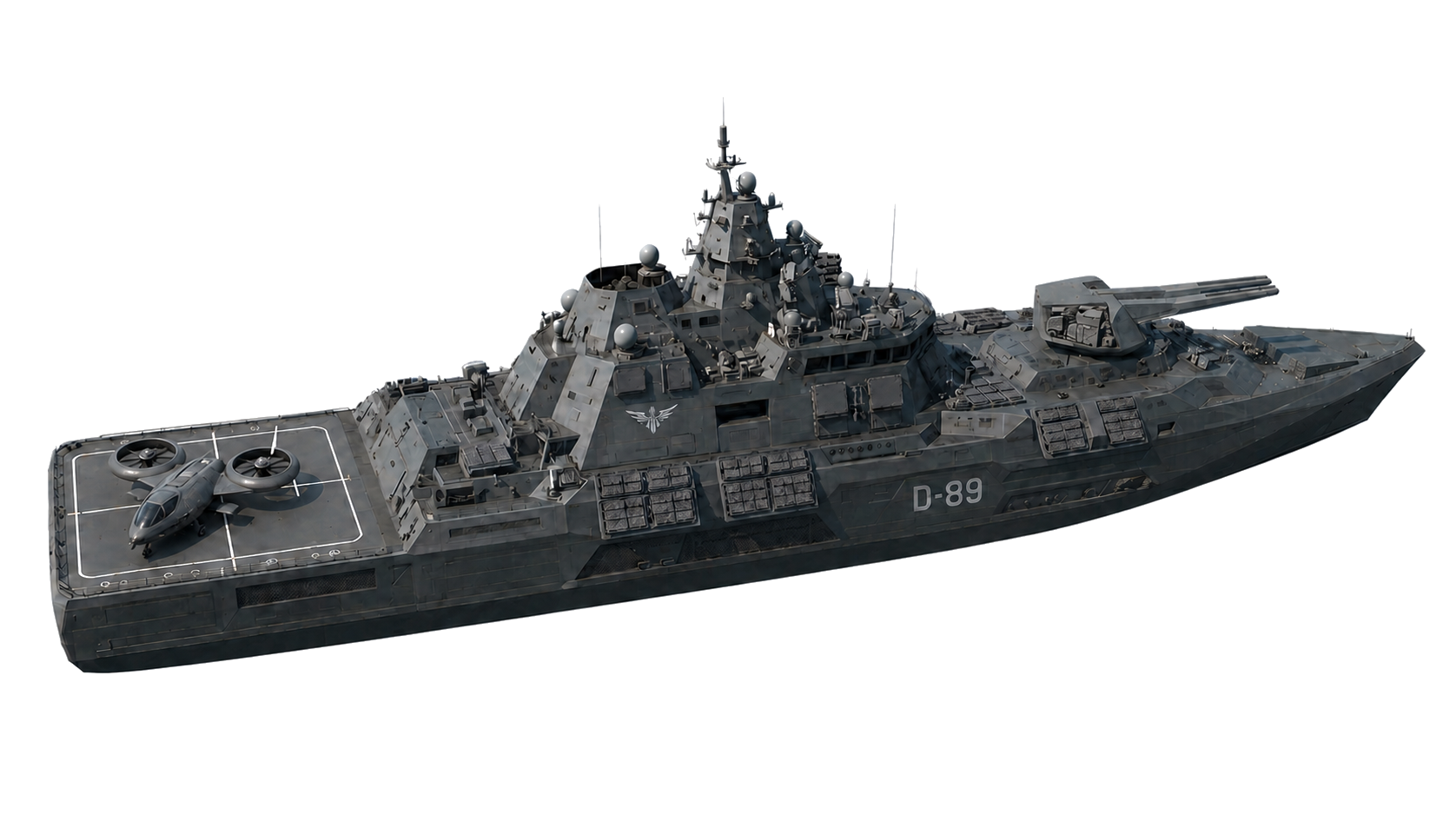 D-89 Ghost Patrol battleship with a parked VTOL and one animated four-port missile launcher