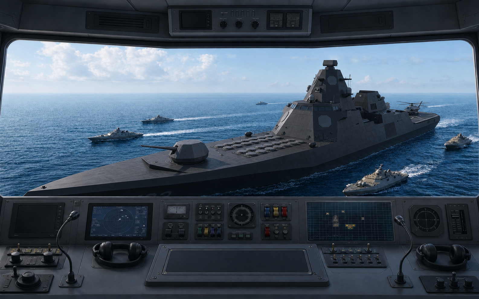 Command bridge overlooking the Ghost Patrol flagship and escort fleet