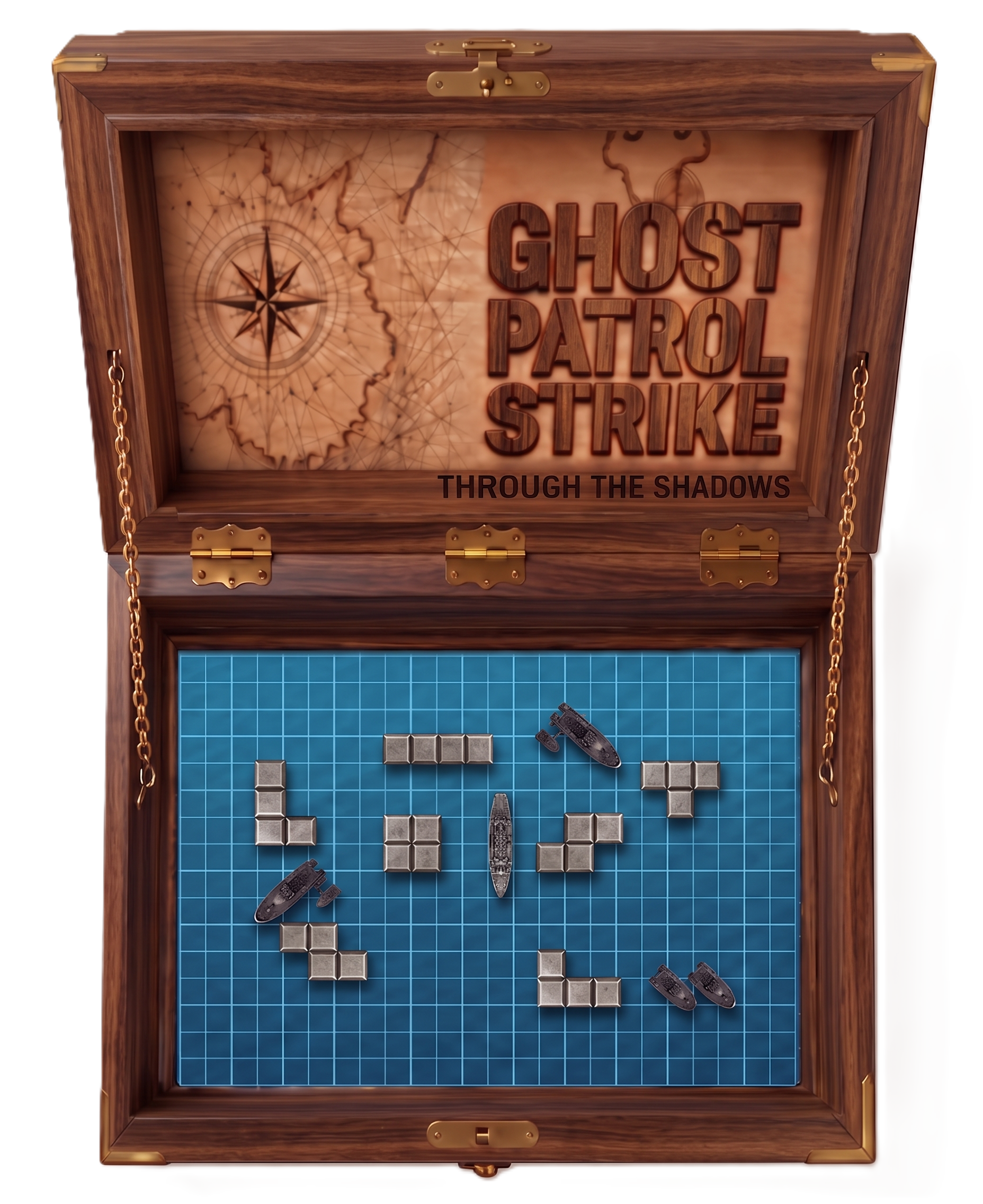 Open Ghost Patrol Strike wooden game box with a blue glowing game grid.