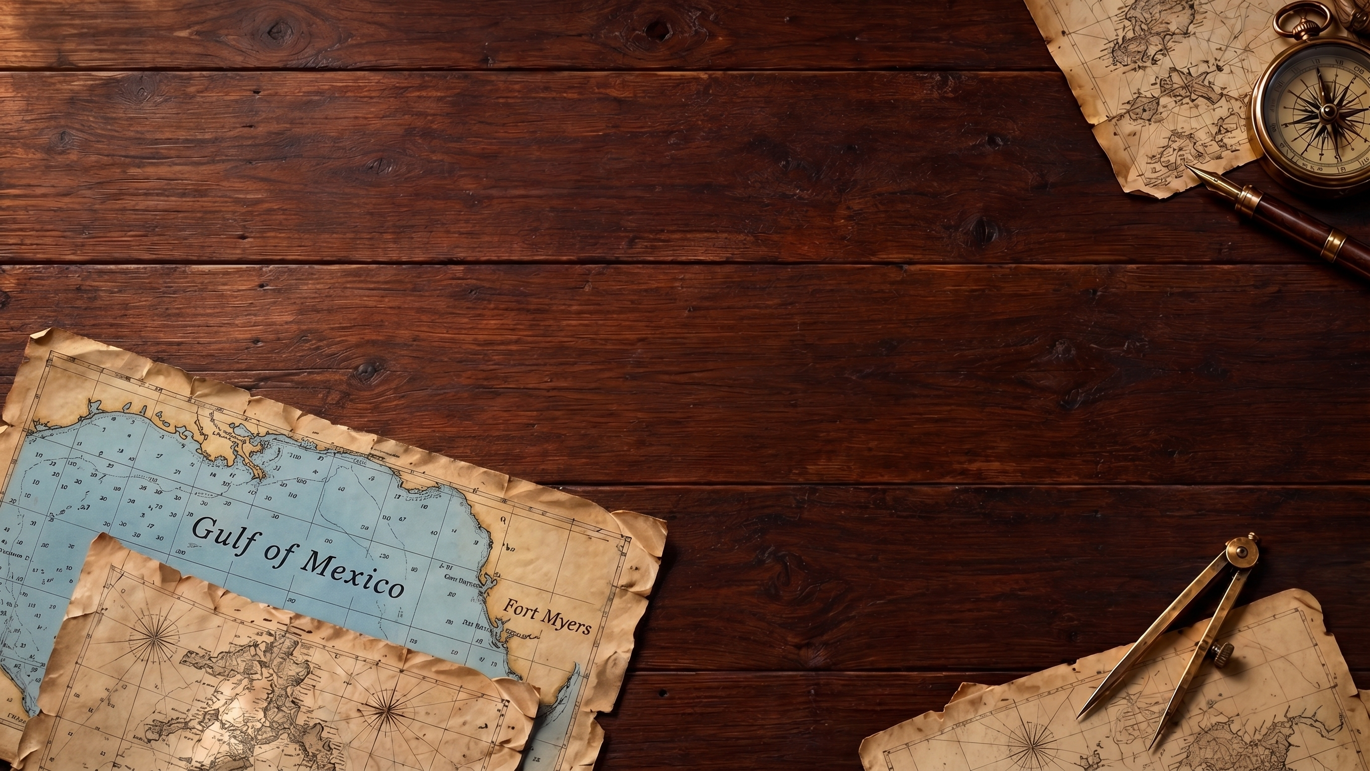 A dark wooden nautical chart table with maps, compass and brass drafting tools.